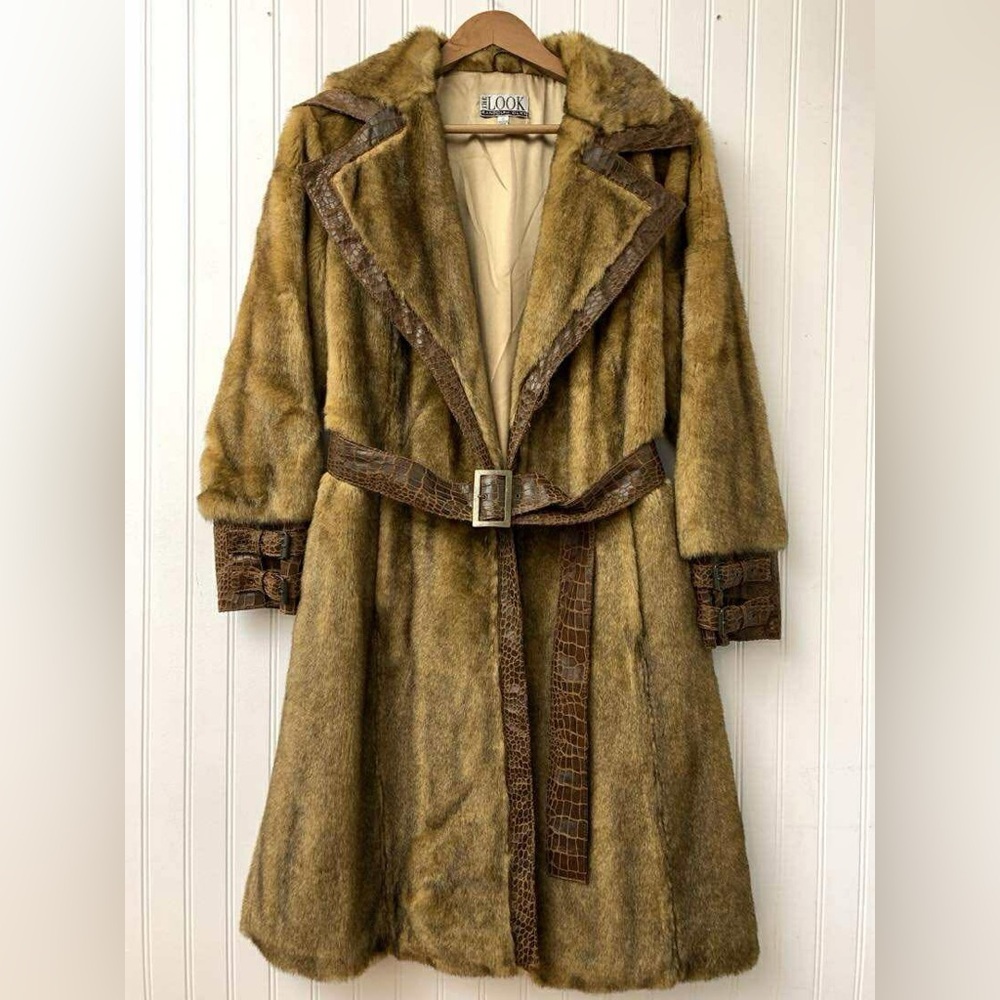 Vintage 90s Designer Randolph Duke warm faux fur winter trench coat with pockets